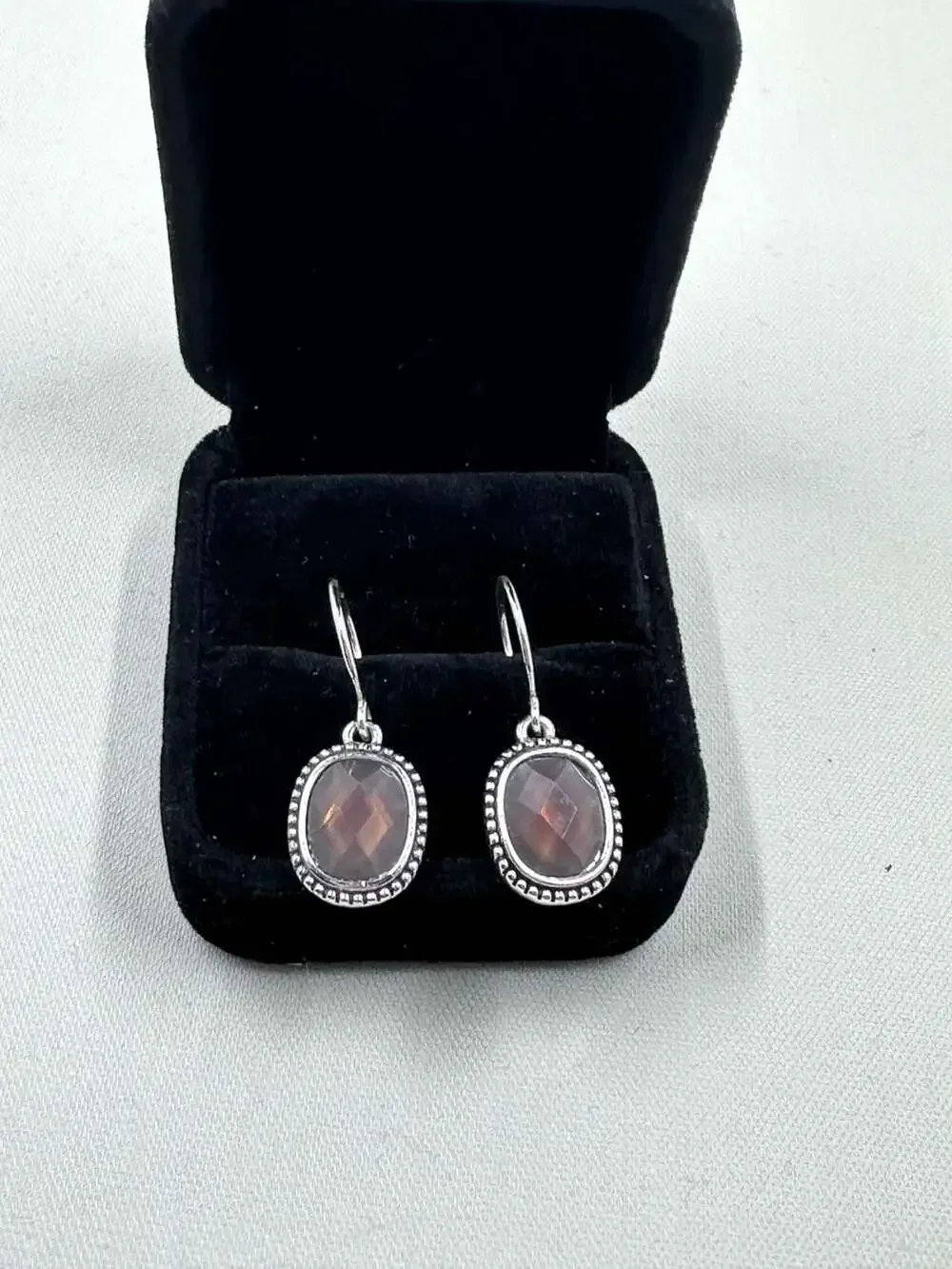 Napier Silver-Tone Beaded Edge Oval Faceted Stone Dangle Earrings